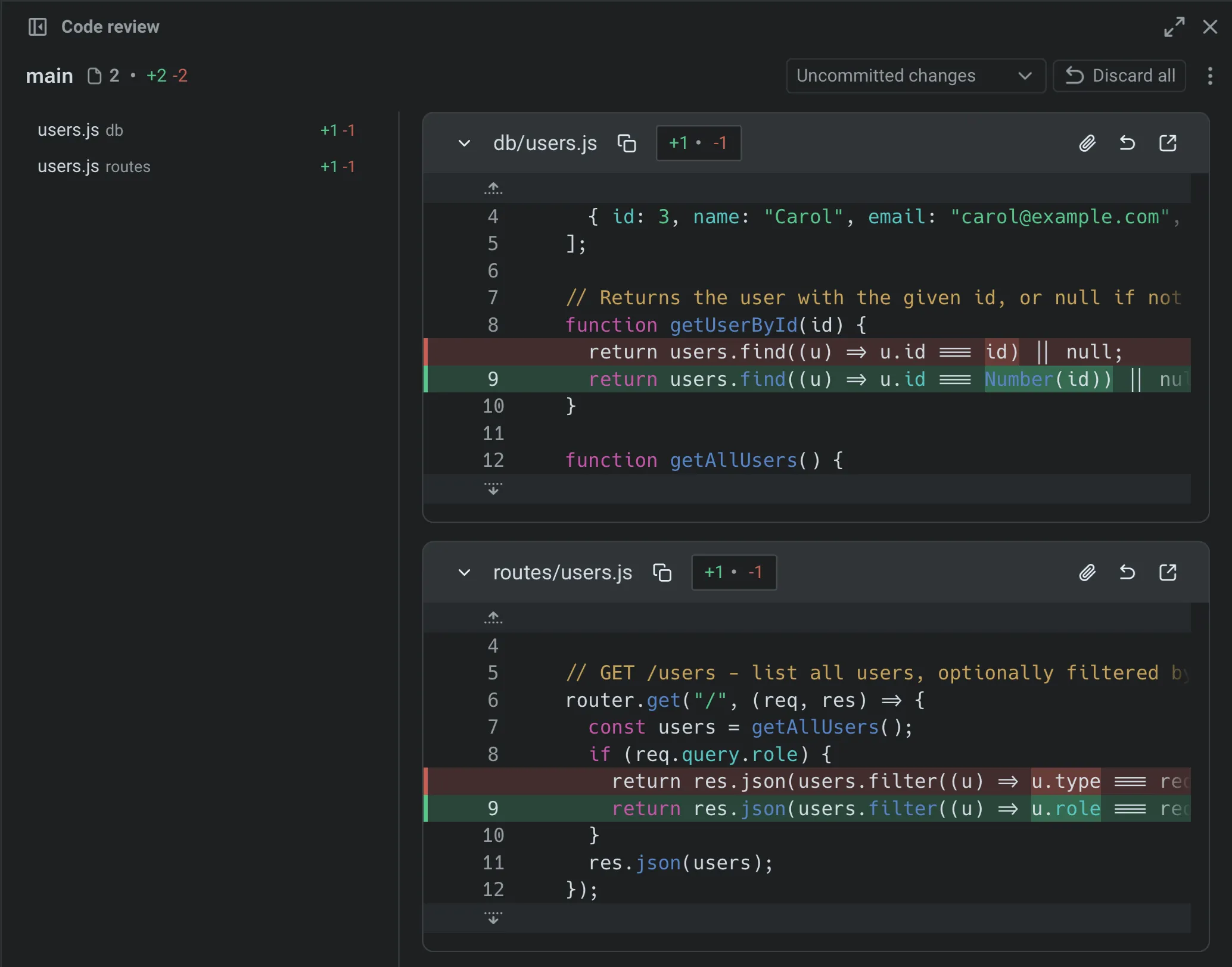 Code Review panel with file navigation sidebar showing changed files